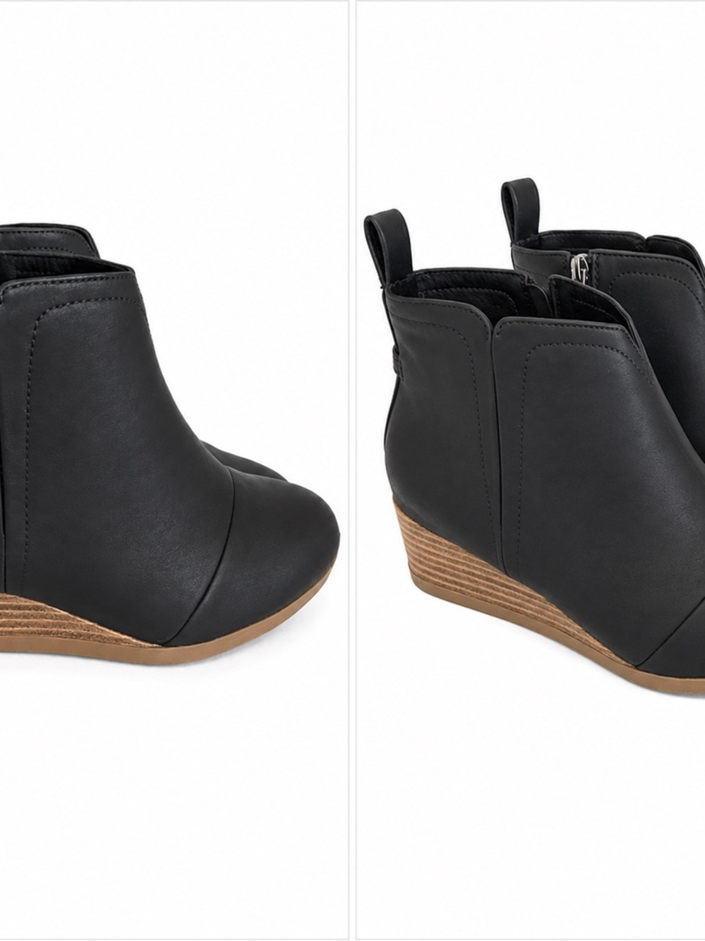Toms Black Ankle Wedge Boots with Brown Wood-Look Heel